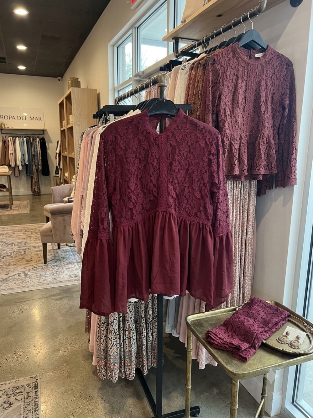 Women's Burgundy Lace Peplum Top by